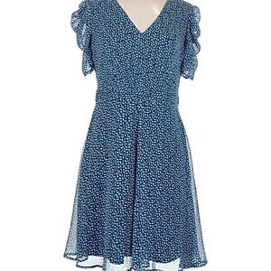 DKNY Navy and White Printed V-Neck Midi Dress